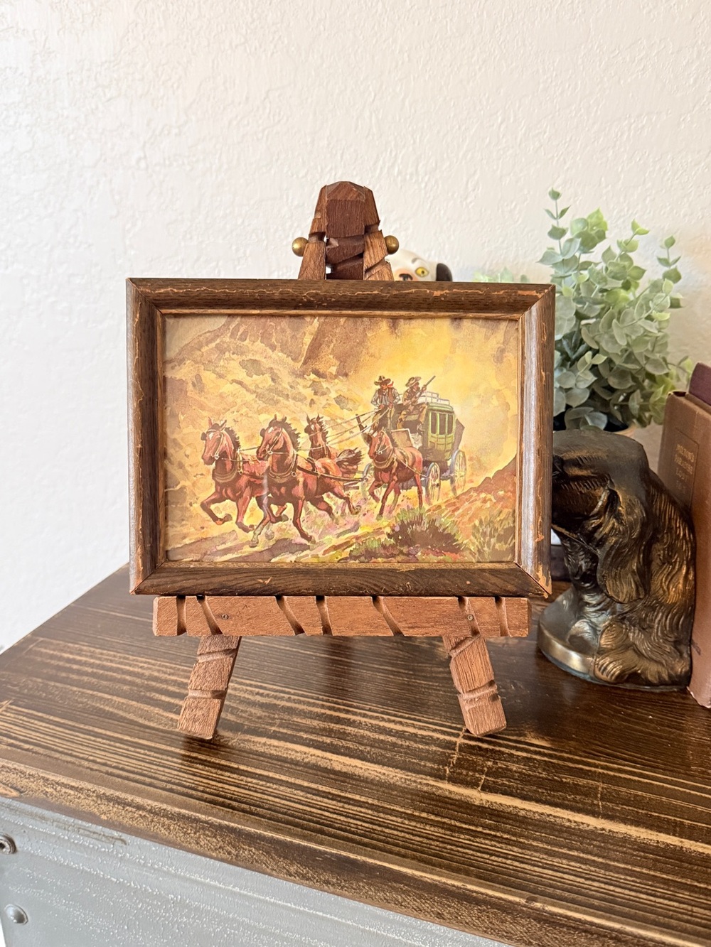 1950’s Ernest Tonk Western Stagecoach Picture with Chunky Wood Easel